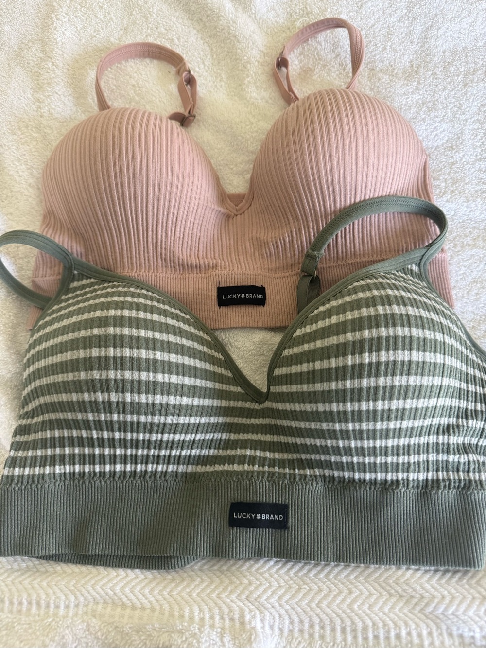 Lucky Brand Ribbed Wire-free Bralettes in Blush Pink & Olive Stripe Size M